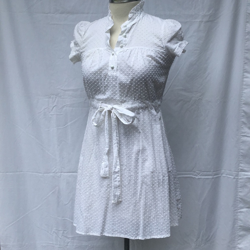 White Flocked Polka Dot Shirt Dress